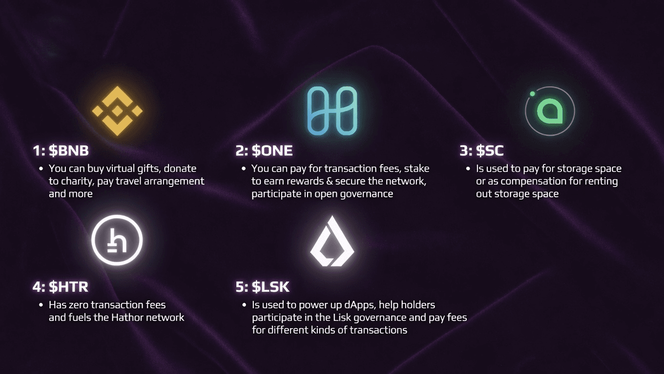 Infographic of five utility-driven cryptocurrencies — BNB, ONE, SC, HTR and LSK — with clearly defined functions like transaction fees, staking and storage, contrasting with hype-based personal tokens