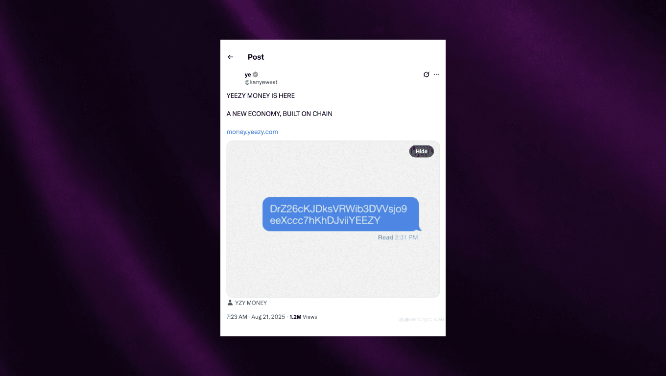Kanye West's X post announcing YZY MONEY launch with the message "A new economy, built on chain" — the celebrity token where 94% of supply was controlled by insiders