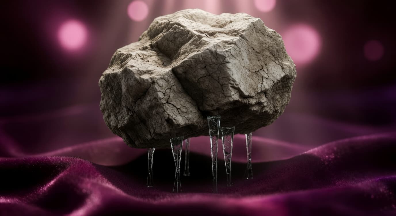 Heavy stone balanced on thin fragile glass pillars, symbolizing how HYPE's model rests on specific supporting conditions like trading revenue and buyback
