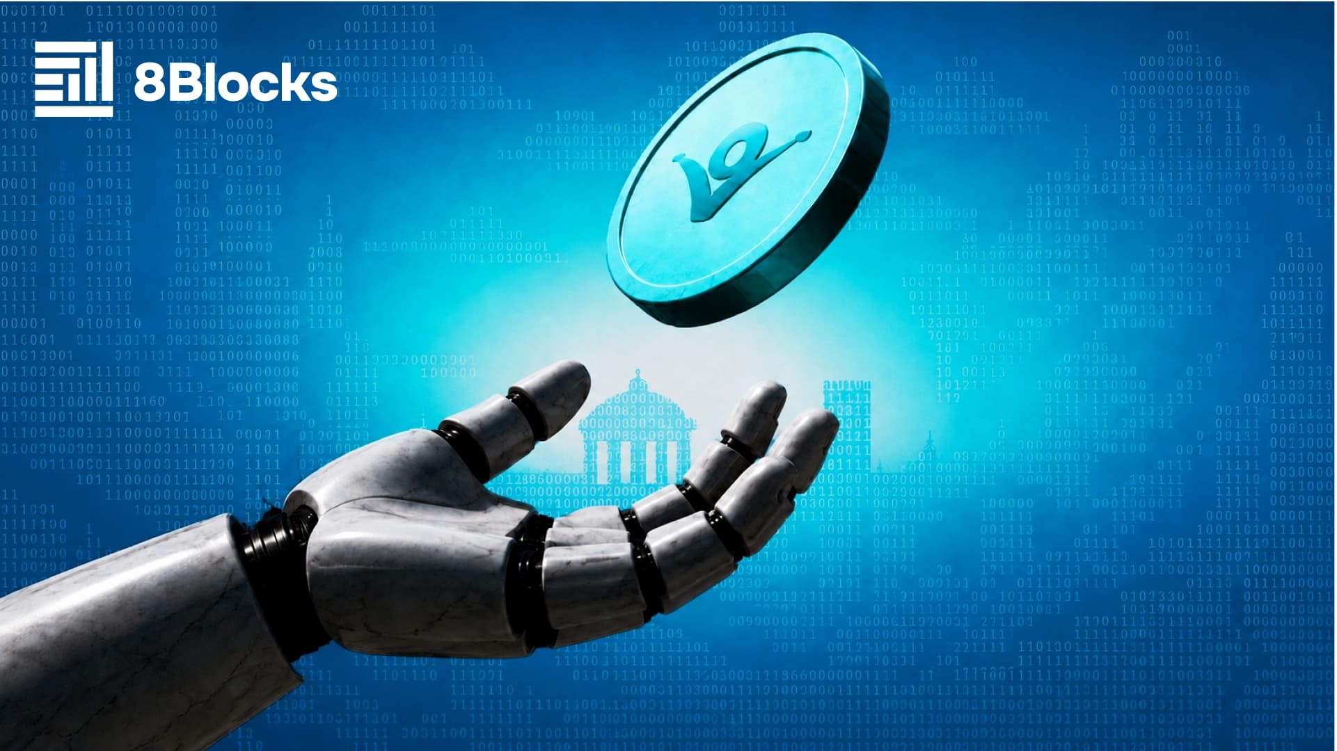 Artificial intelligence and Web3 token economy concept featuring a robotic hand and digital crypto token