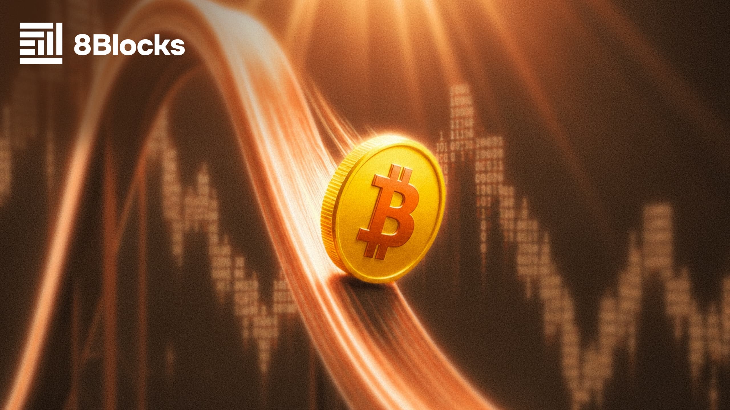 A Bitcoin token riding a glowing pink price wave over a binary-code background