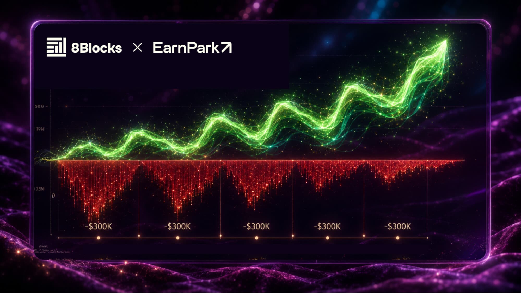 8Blocks and EarnPark case study cover: token price growth chart with recurring $300K sell-pressure intervals below the line