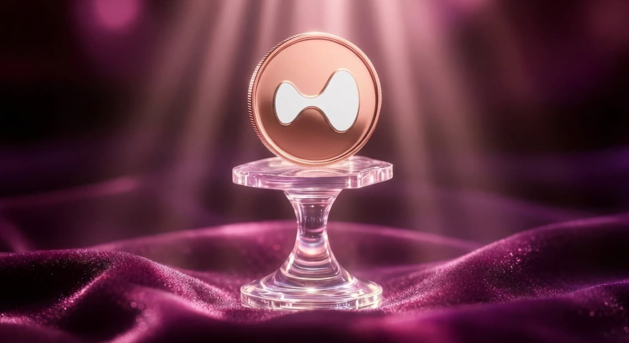 HYPE token coin elevated on a transparent pedestal under spotlight, illustrating Hyperliquid's standout position among DeFi tokens