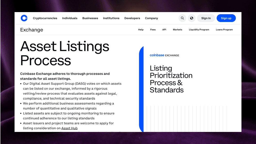 Coinbase Asset Listings Process page showing the vetting, compliance, and security standards required for a CEX listing