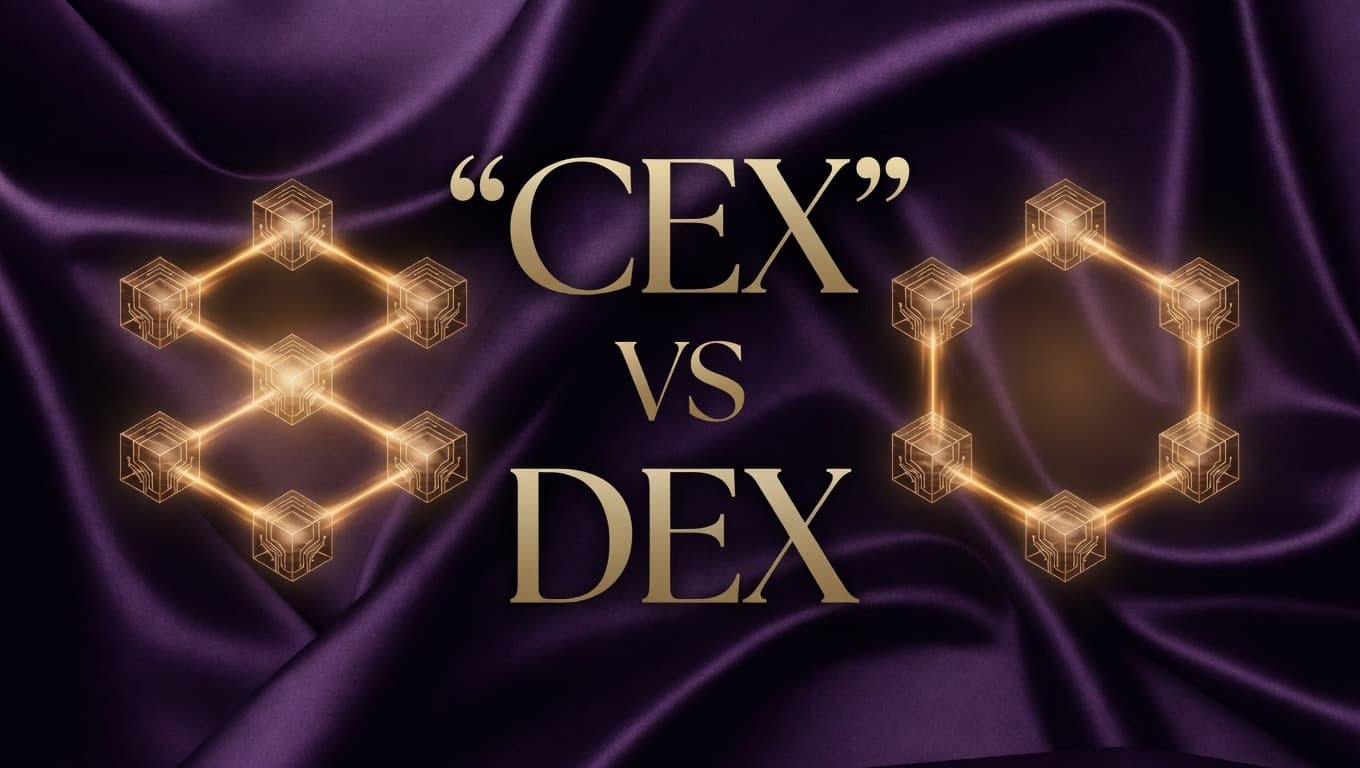 CEX vs DEX comparison graphic with centralized and decentralized blockchain network structures on a purple silk background