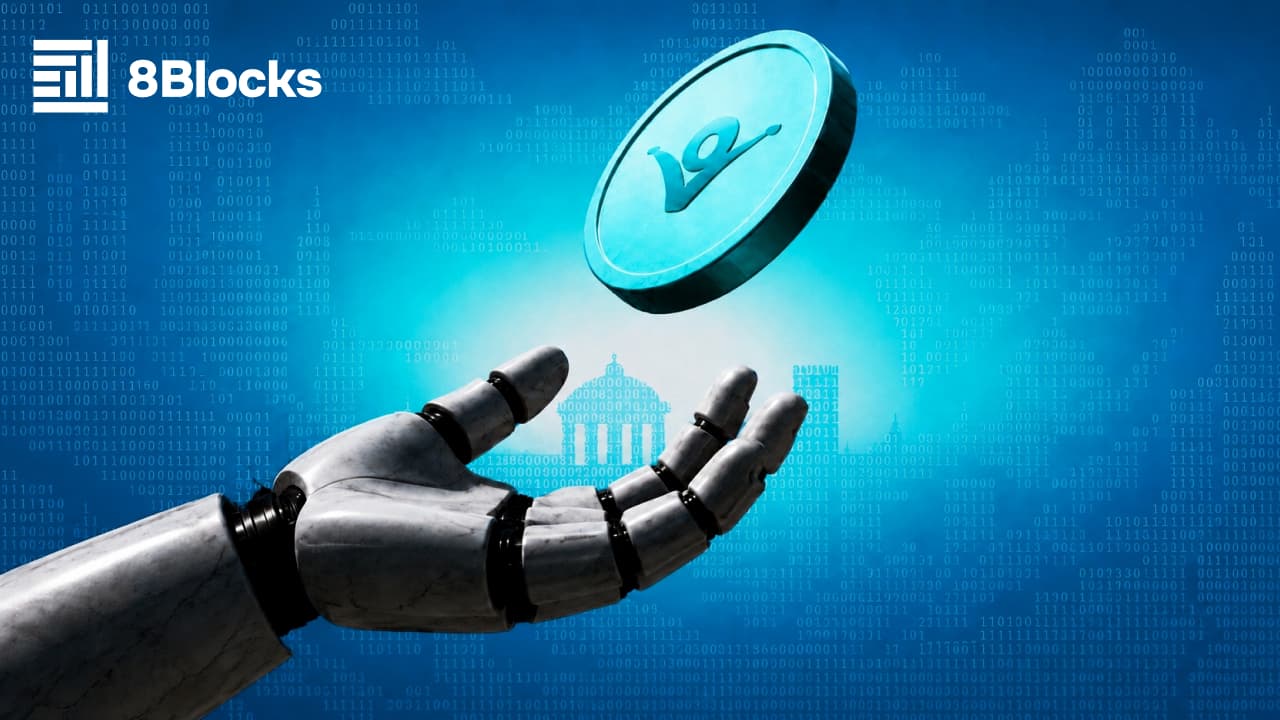 Artificial intelligence and Web3 token economy concept featuring a robotic hand and digital crypto token