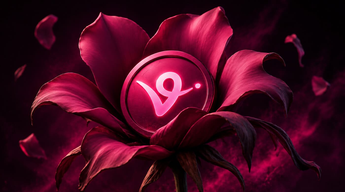 Glowing VIRTUAL token coin at the center of a dark crimson flower