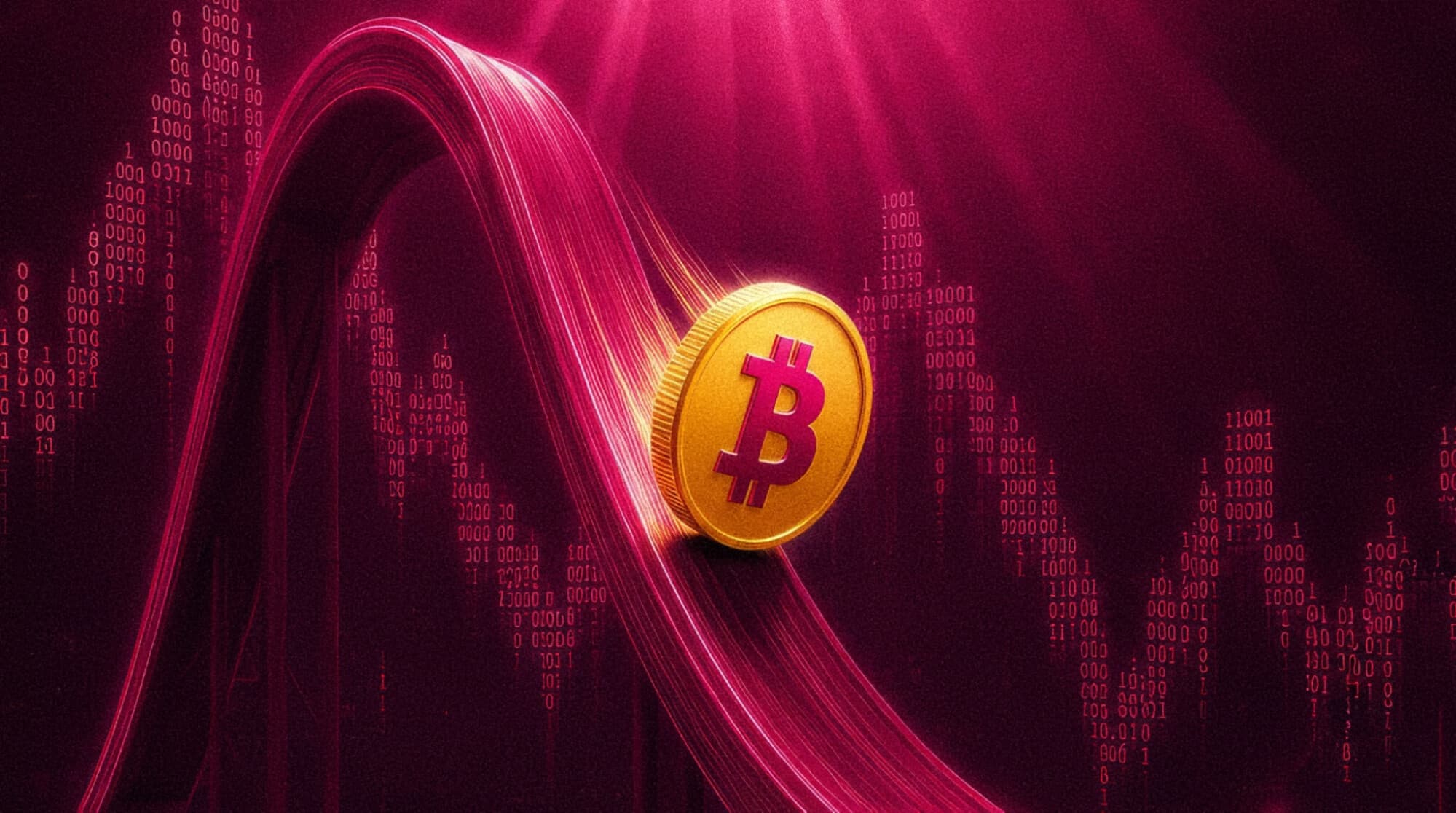 A Bitcoin token riding a glowing pink price wave over a binary-code background