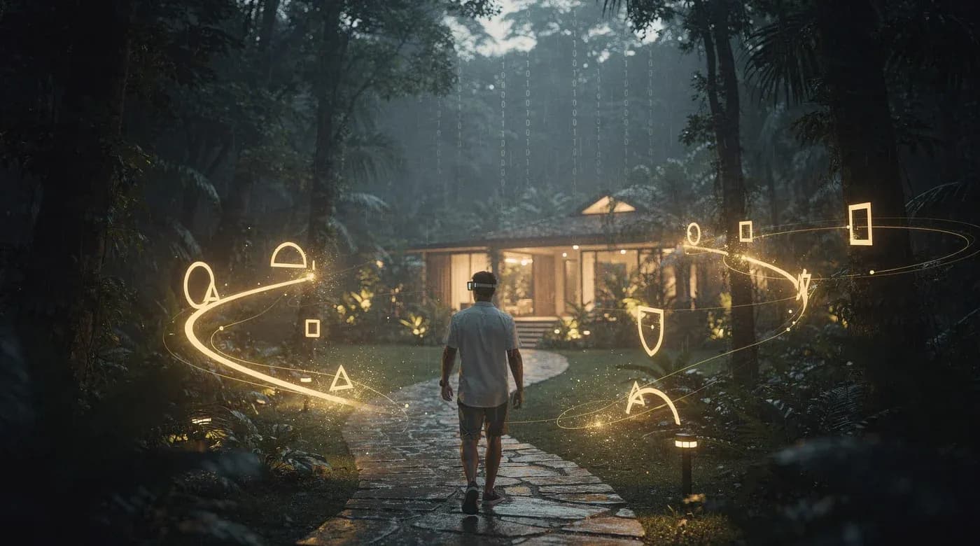 TiBiTi hotel AR layer: holographic markers above the path to a villa